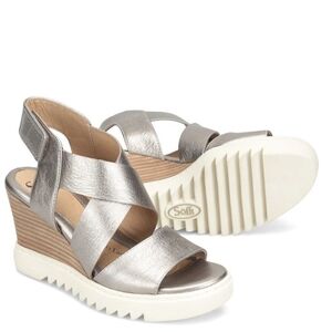 SOFFT Uxley Grey Gold Metallic Leather Women's Wedge Sandals NWT Size 8
